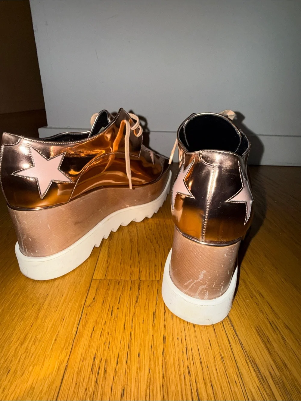 Stella McCartney Metallic Rose Gold Platform Lace-Up Sneakers with Pink Stars